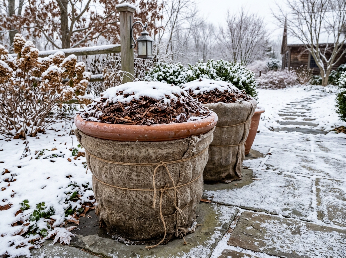 insulated winter pots protected with burlap and mulch - hardy plants for pots for outdoors
