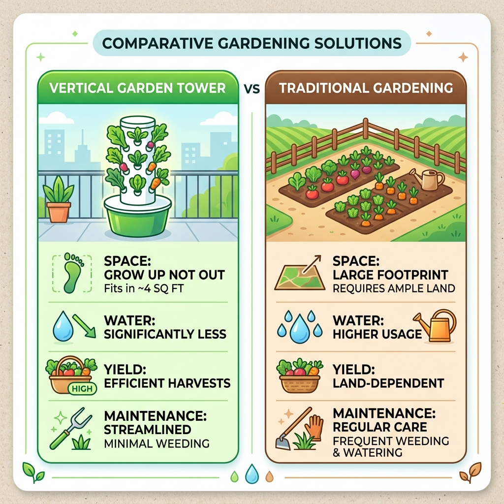 Infographic comparing vertical garden tower vs traditional gardening: space, water, yield, maintenance - garden tower