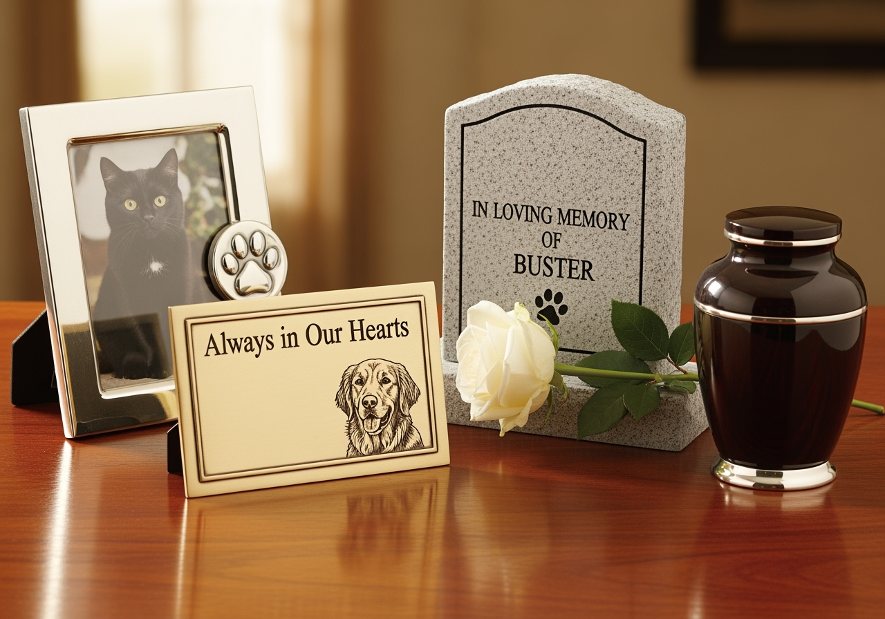 collection of pet memorial items: a custom headstone, a memorial plaque, a photo frame with a paw print, and a small urn - pet burial near me
