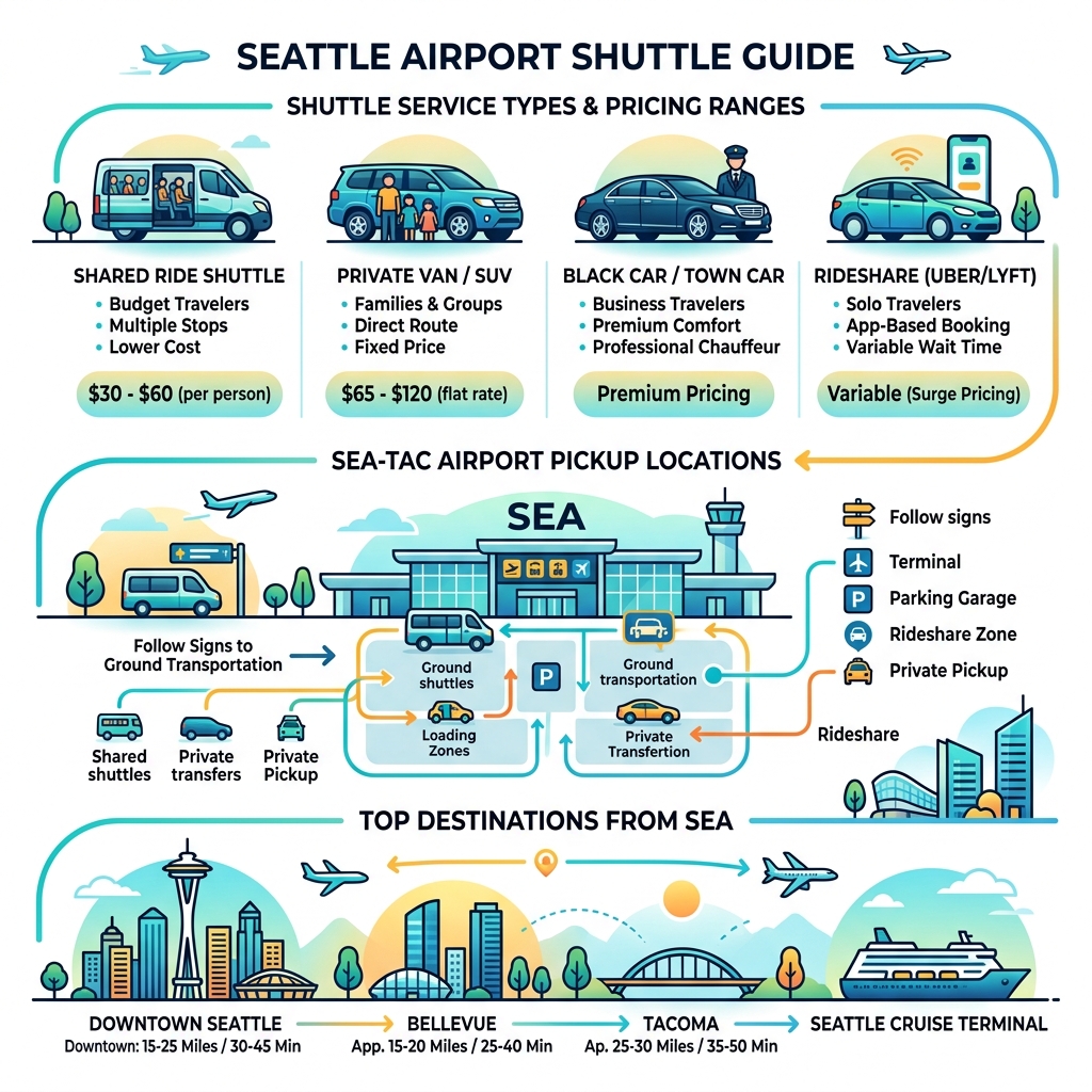 Infographic showing Seattle airport shuttle types, pickup locations, pricing ranges, and top destinations - airport shuttle Infographic showing Seattle airport shuttle types, pickup locations, pricing ranges, and top destinations - airport shuttle