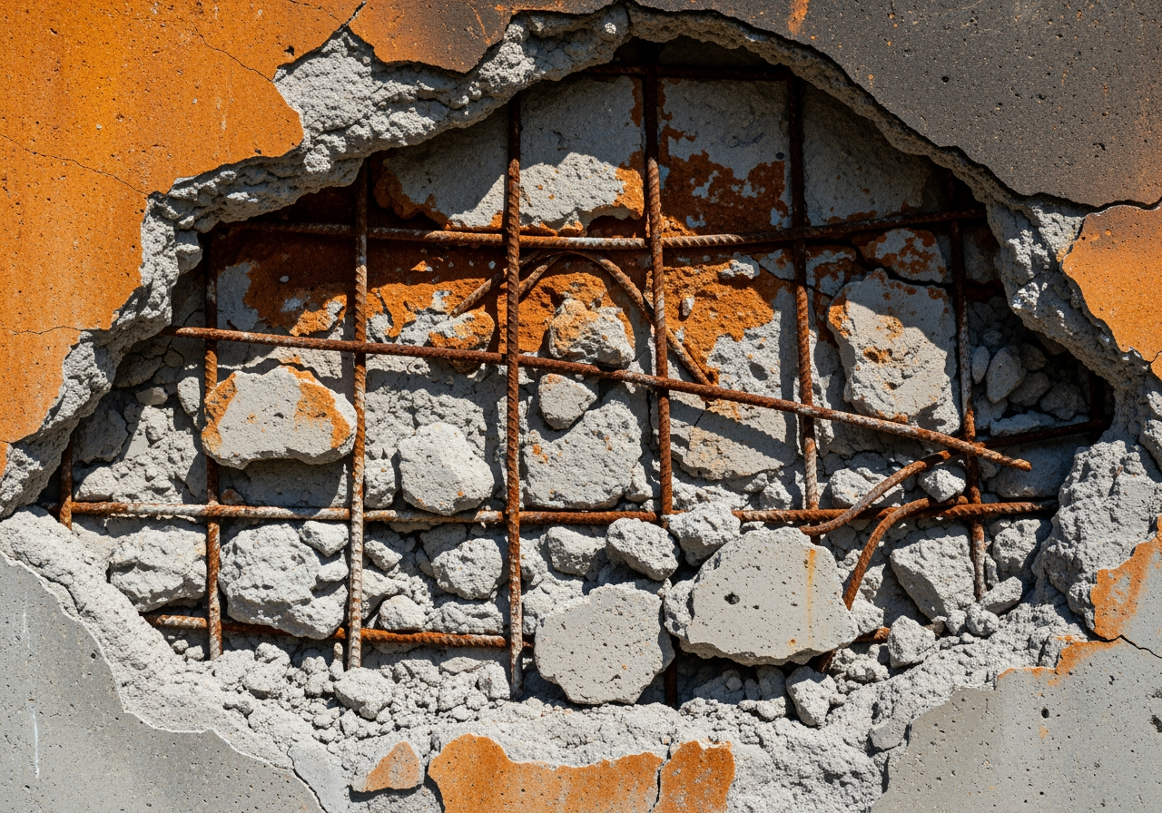 Image of spalling on a fire-damaged concrete wall - do concrete houses burn