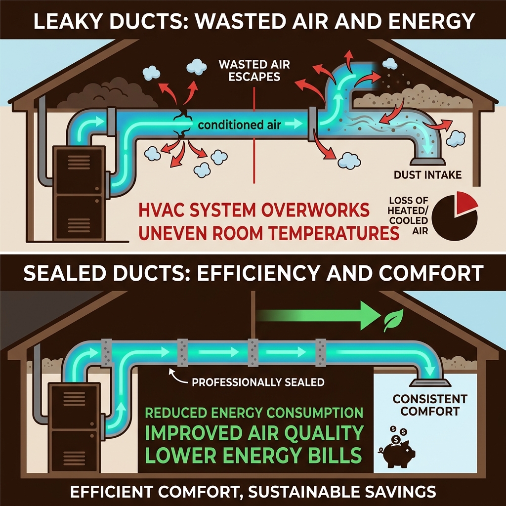 Infographic showing how leaky ducts waste conditioned air and the benefits of sealing them - hvac air duct sealing