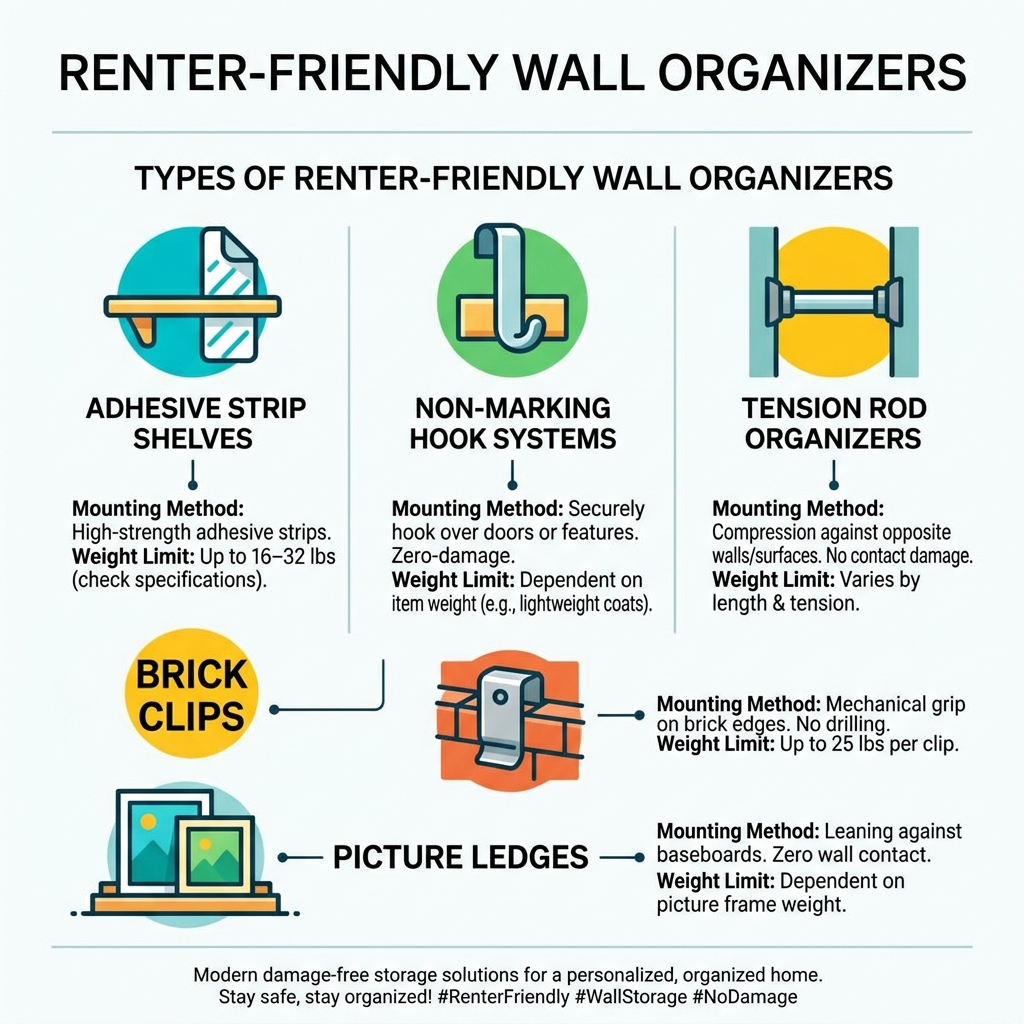 Infographic showing types of renter-friendly wall organizers, mounting methods, and weight limits - renter friendly wall