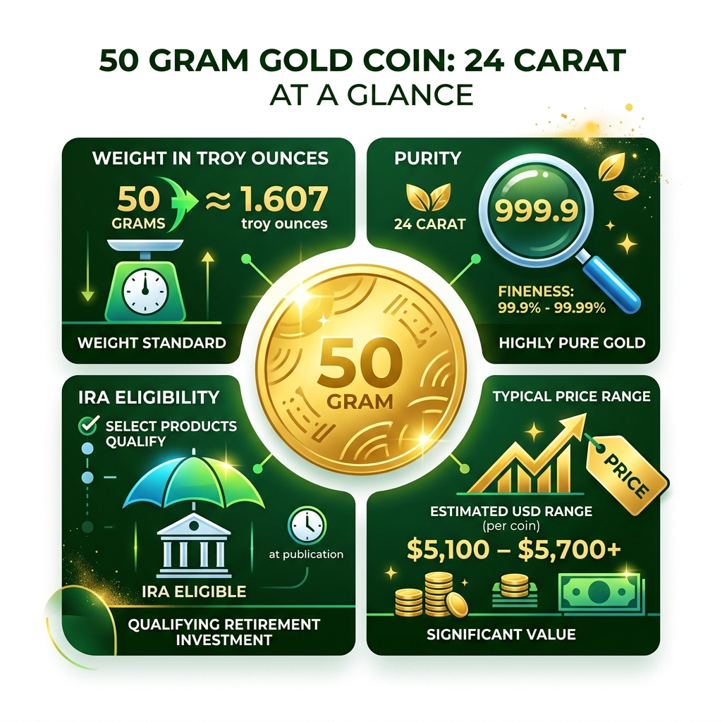 Infographic showing 50 gram gold coin purity, weight in troy ounces, price range, and IRA eligibility at a glance - 50 gram