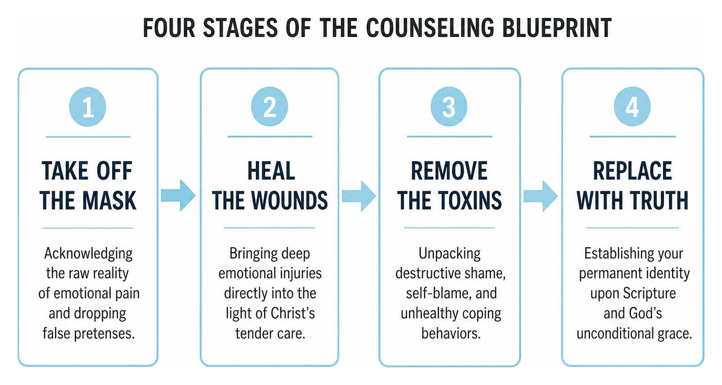 Four stages of the Counseling Blueprint: Take Off the Mask, Heal the Wounds, Remove the Toxins, Replace with Truth