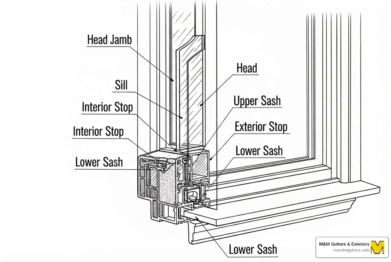 Diagram labeling the parts of a double-hung window: Head, Jambs, Sill, Interior Stop, Exterior Stop, Upper Sash, Lower Sash. - how to measure double hung windows