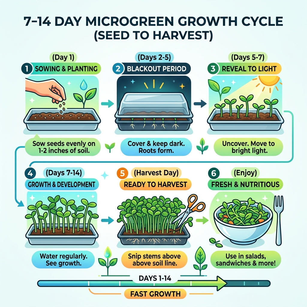 7-14 day microgreen growth cycle from seed to harvest infographic - grow microgreens in soil infographic 