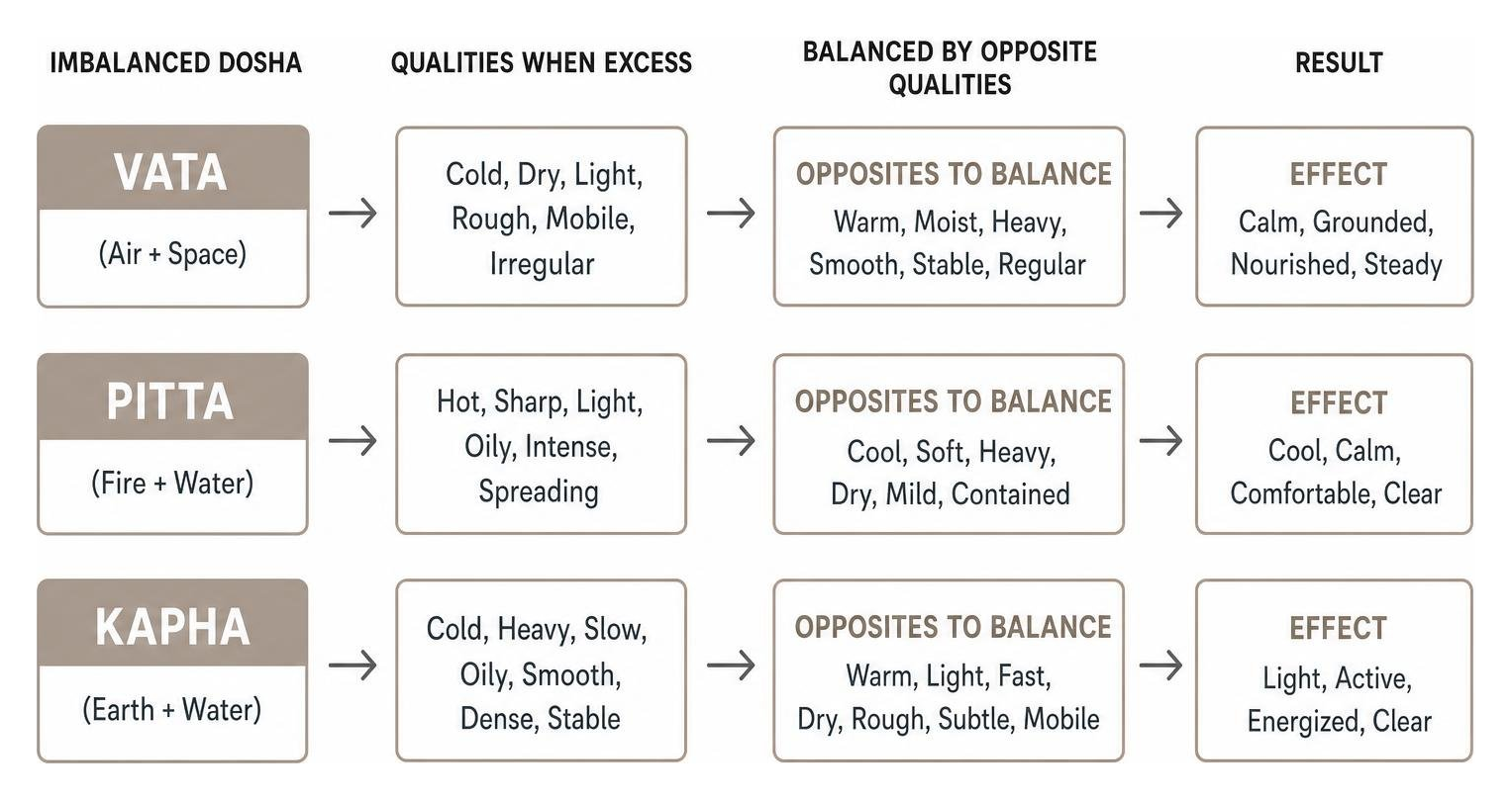 Diagram showing how opposite qualities balance doshas Diagram showing how opposite qualities balance doshas