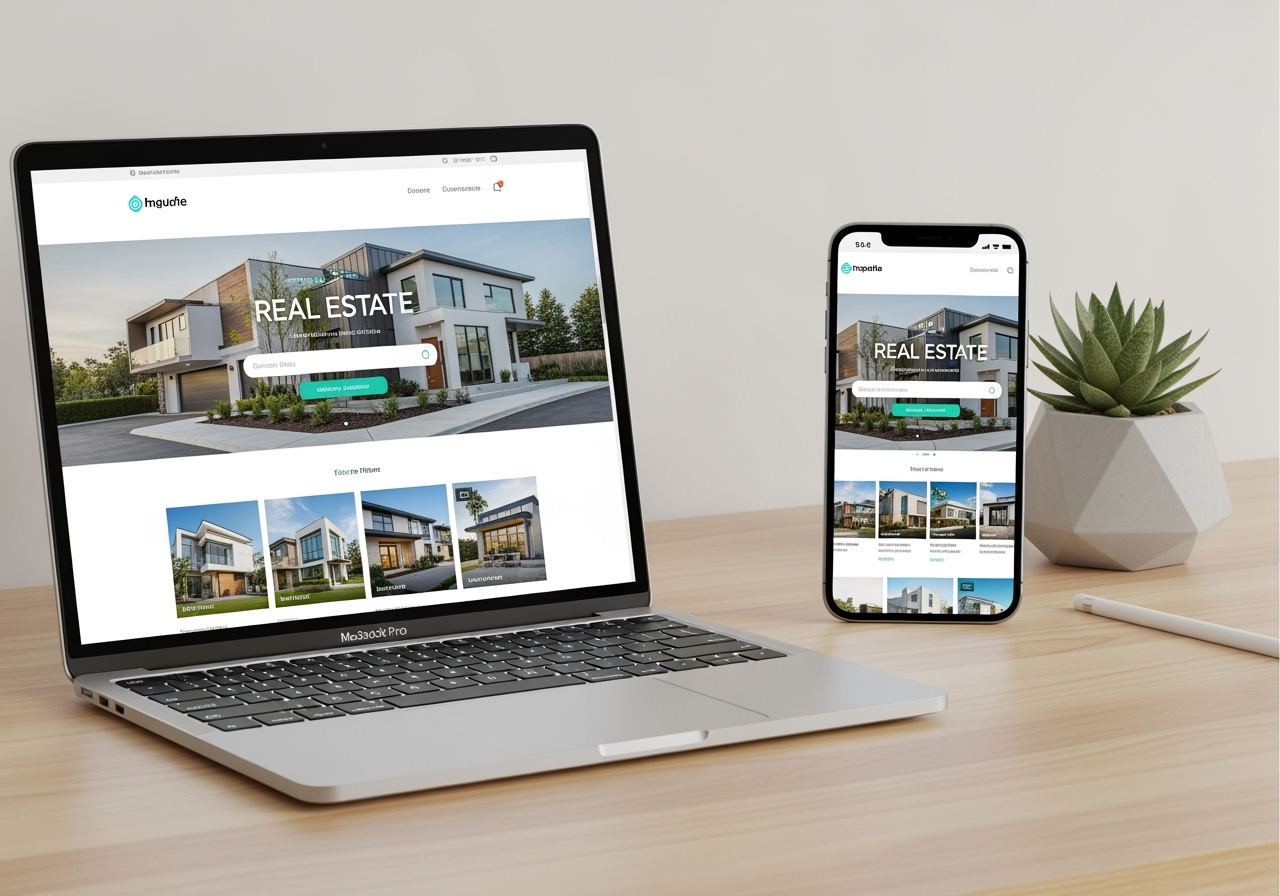 Sleek, modern real estate website on laptop and phone, representing online presence - real estate website templates wordpress free