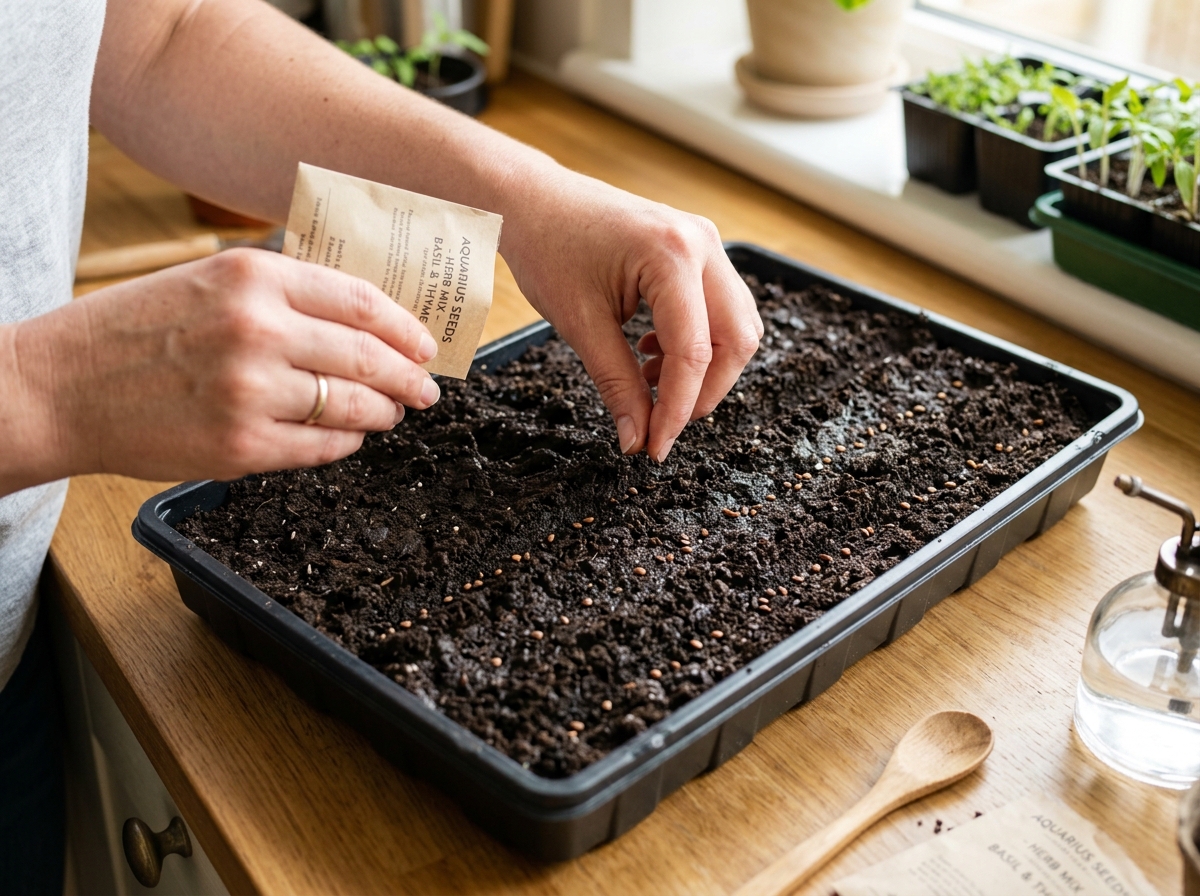 Seeds being sown evenly in a growing tray - quick start microgreens guide Seeds being sown evenly in a growing tray - quick start microgreens guide