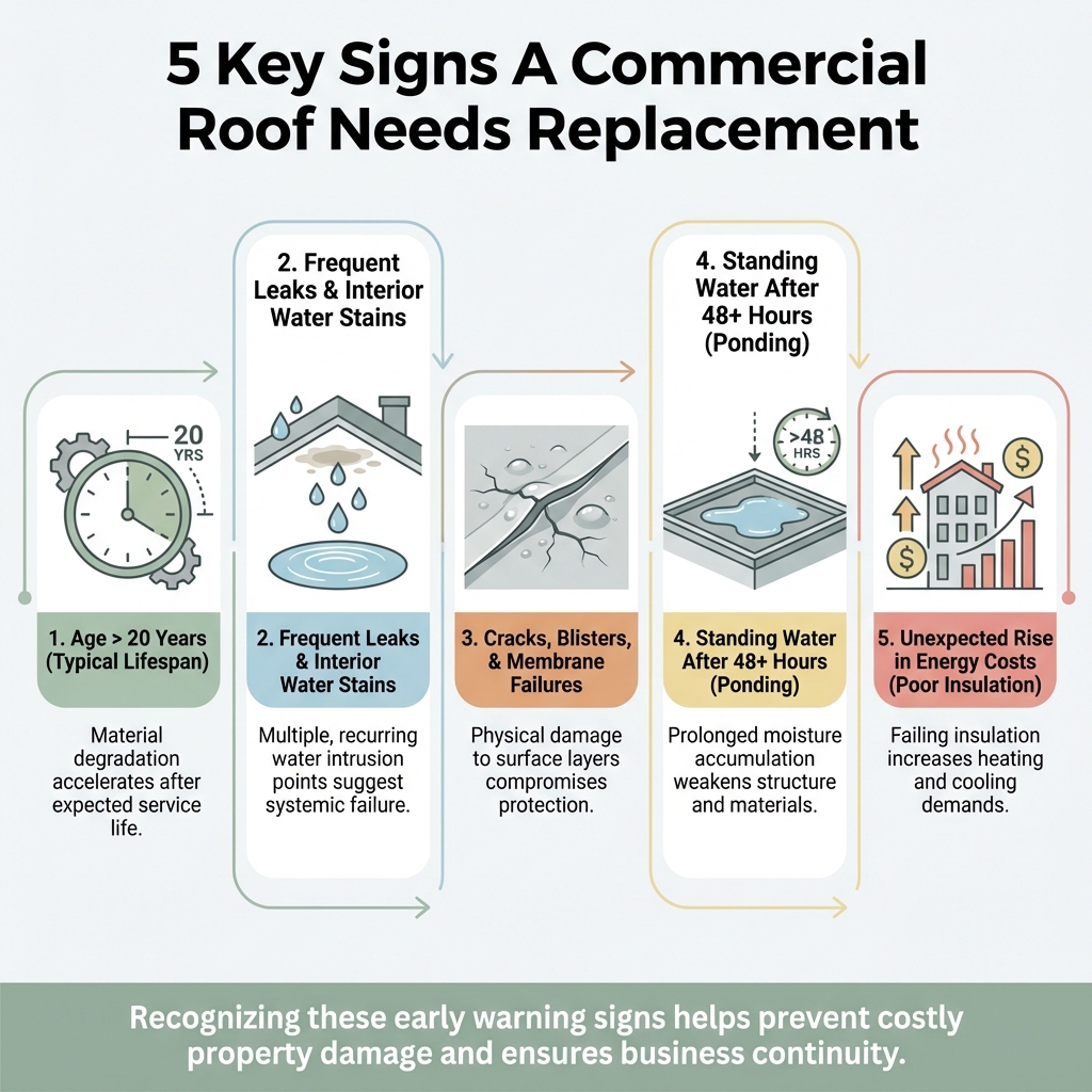 Infographic detailing 5 key signs a commercial roof needs replacement - commercial roofing contractors temple tx infographic 
