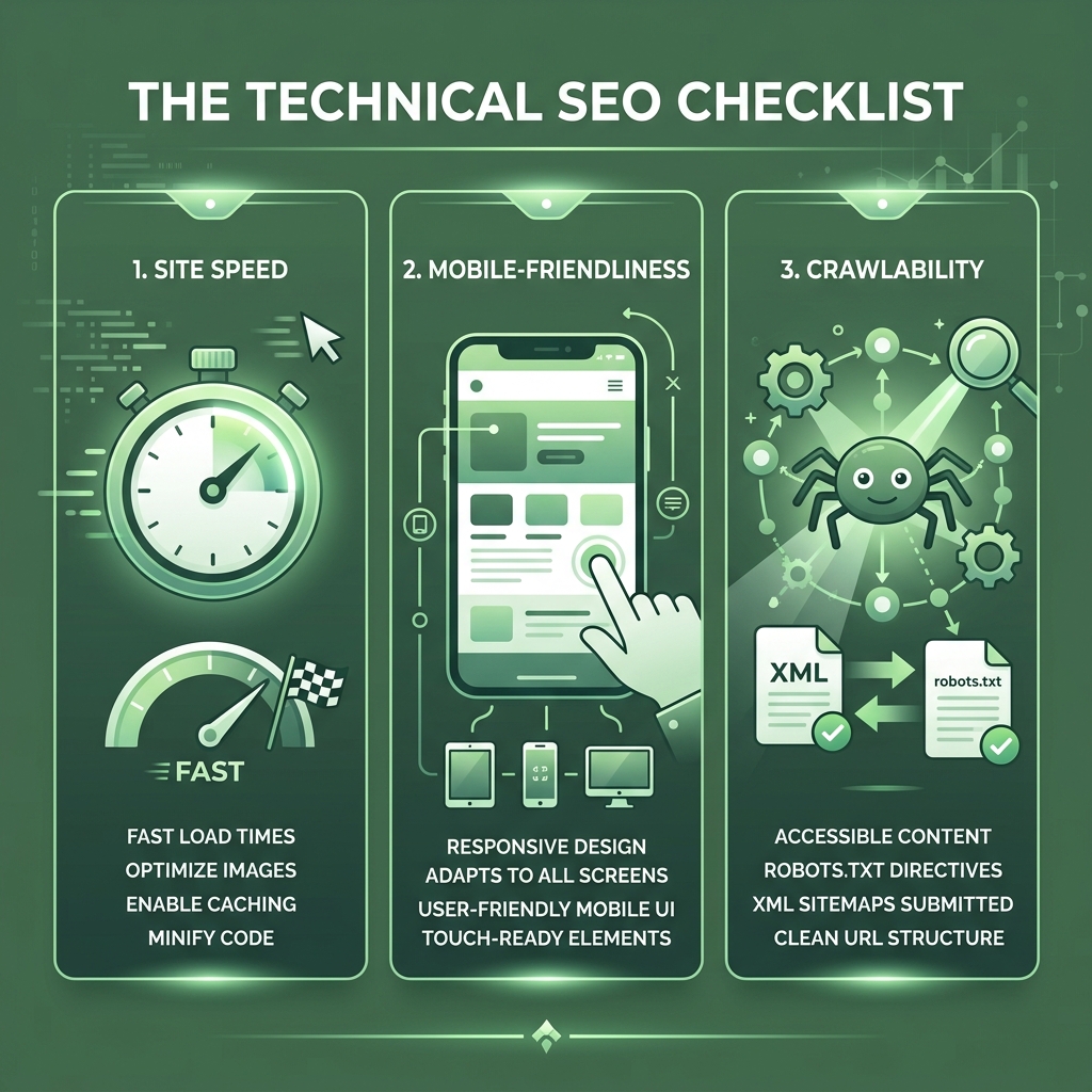 Infographic showing the technical SEO checklist: Site speed, mobile-friendliness, and crawlability - how to become a seo Infographic showing the technical SEO checklist: Site speed, mobile-friendliness, and crawlability - how to become a seo