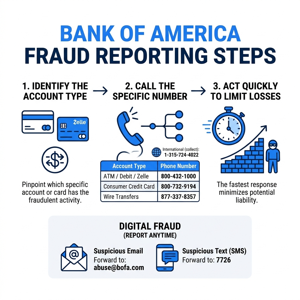 Bank of America fraud reporting steps infographic with phone numbers by account type - bank of america fraud department Bank of America fraud reporting steps infographic with phone numbers by account type - bank of america fraud department