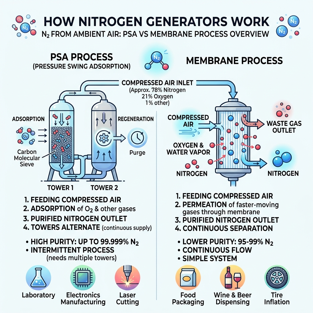 How nitrogen generators separate N2 from ambient air — PSA vs membrane process overview - nitrogen generators infographic 