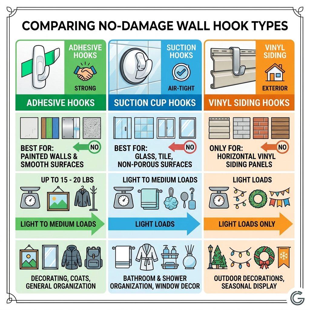 Infographic comparing adhesive hooks, suction cup hooks, and vinyl siding hooks by weight, surface type, and best use cases