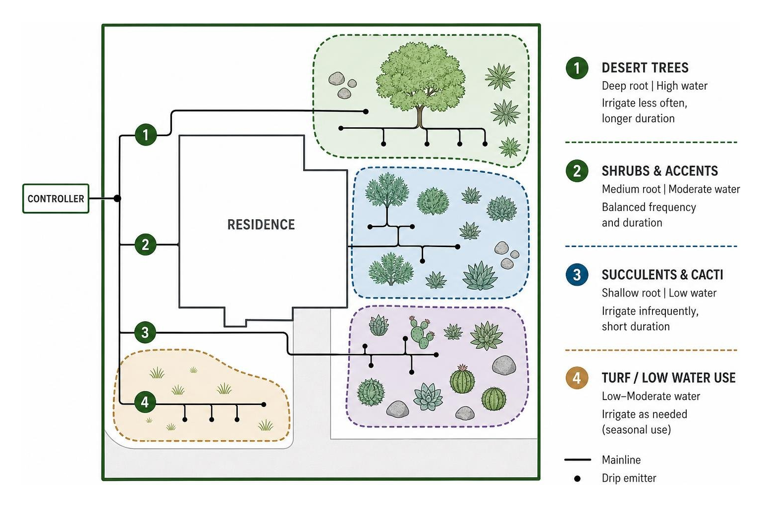 Diagram illustrating the hydrozoning layout for desert plant irrigation