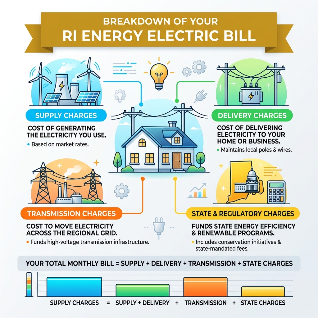 RI Energy bill breakdown infographic showing supply, delivery, transmission, and state charges -  ri energy infographic 