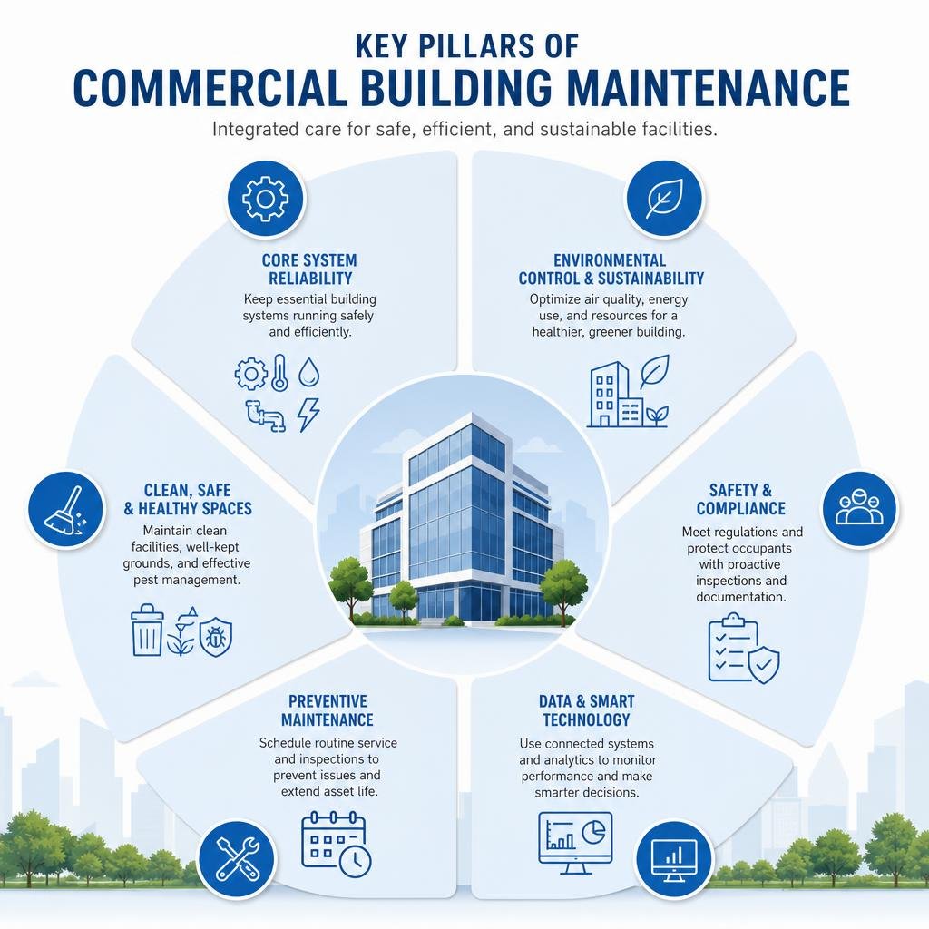 Infographic explaining key pillars of commercial building maintenance infographic