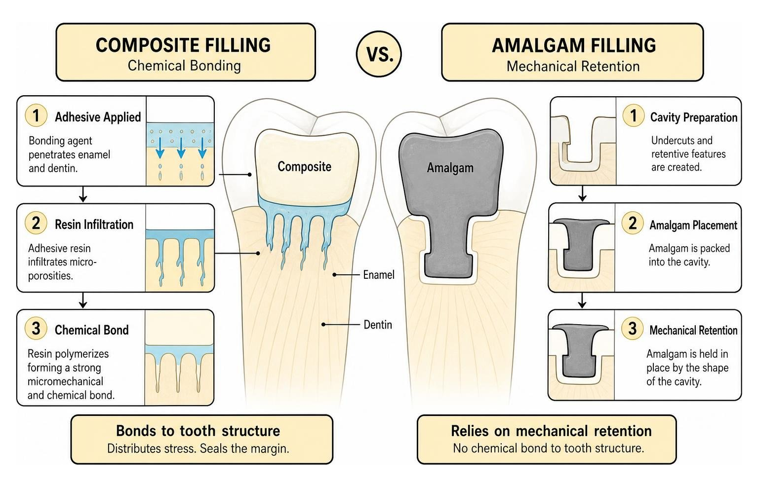 comparison of chemical bonding in composite vs mechanical retention in amalgam