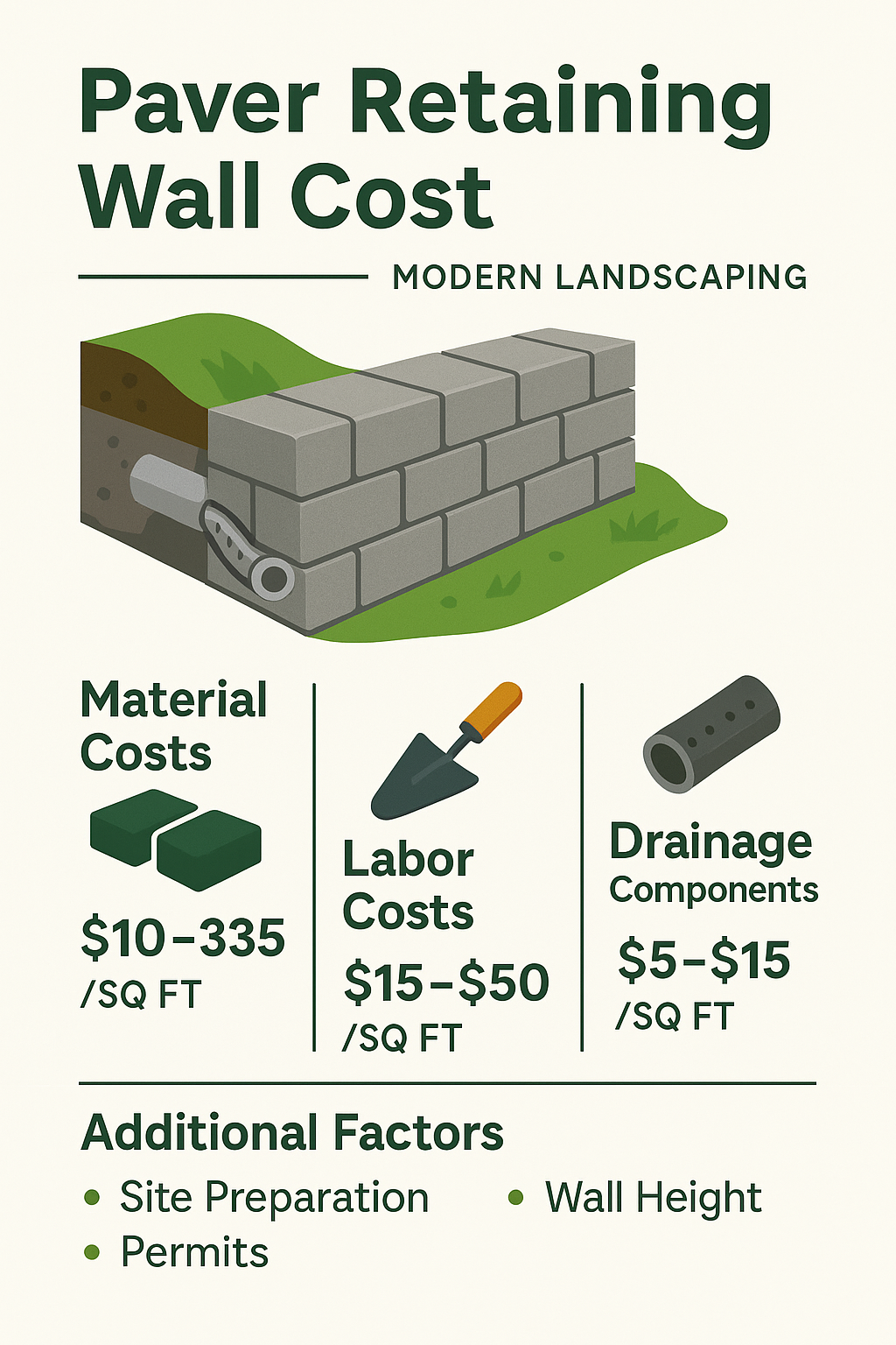 Detailed breakdown of paver retaining wall costs showing material costs ($10-$35/sq ft), labor costs ($15-$50/sq ft), drainage components ($5-$15/sq ft), and additional factors like site preparation, permits, and wall height that affect total project cost - paver retaining wall cost infographic 