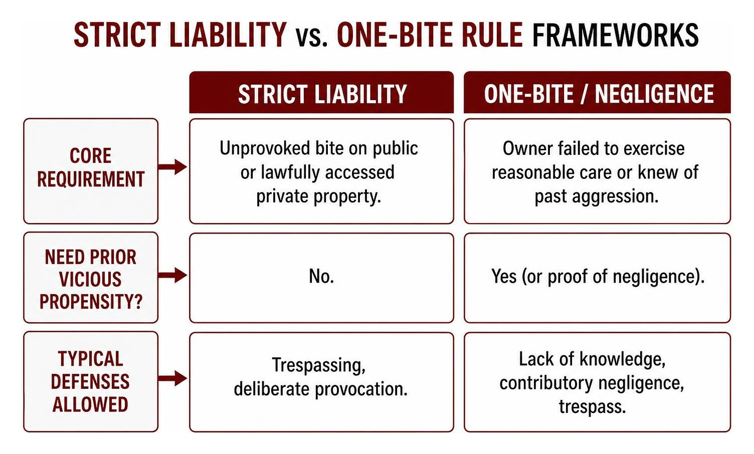 Comparison of strict liability versus one-bite rule legal frameworks