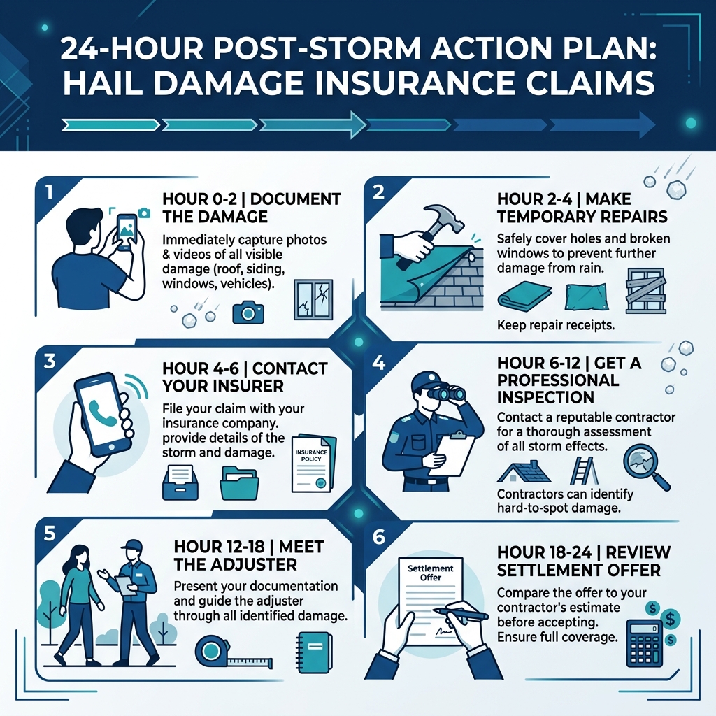 24-hour post-storm action plan infographic for hail damage insurance claims - Hail damage insurance claim infographic 24-hour post-storm action plan infographic for hail damage insurance claims - Hail damage insurance claim infographic