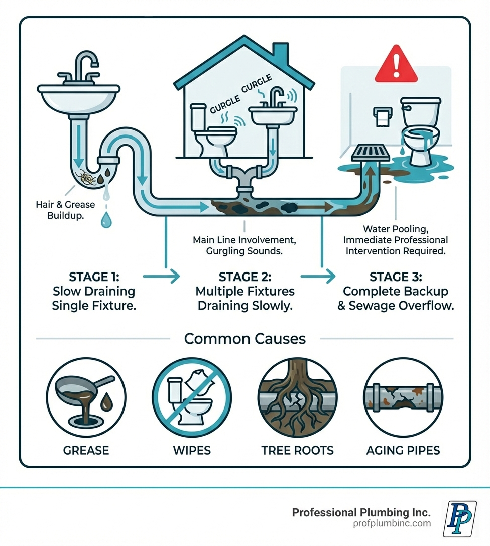 Infographic showing the progression of a backed up drain: Stage 1 - Slow draining single fixture with hair and grease buildup; Stage 2 - Multiple fixtures draining slowly with gurgling sounds indicating main line involvement; Stage 3 - Complete backup with sewage overflow and water pooling, requiring immediate professional intervention. Includes icons for common causes: grease, wipes, tree roots, and aging pipes - Backed up drain infographic Infographic showing the progression of a backed up drain: Stage 1 - Slow draining single fixture with hair and grease buildup; Stage 2 - Multiple fixtures draining slowly with gurgling sounds indicating main line involvement; Stage 3 - Complete backup with sewage overflow and water pooling, requiring immediate professional intervention. Includes icons for common causes: grease, wipes, tree roots, and aging pipes - Backed up drain infographic