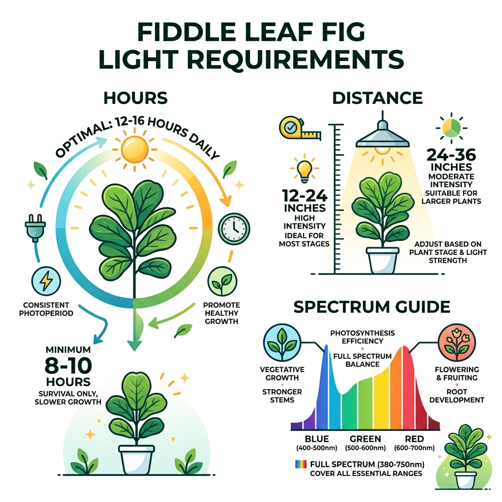 Fiddle Leaf Fig light requirements infographic with hours, distance, and spectrum guide - best grow light for fiddle leaf Fiddle Leaf Fig light requirements infographic with hours, distance, and spectrum guide - best grow light for fiddle leaf