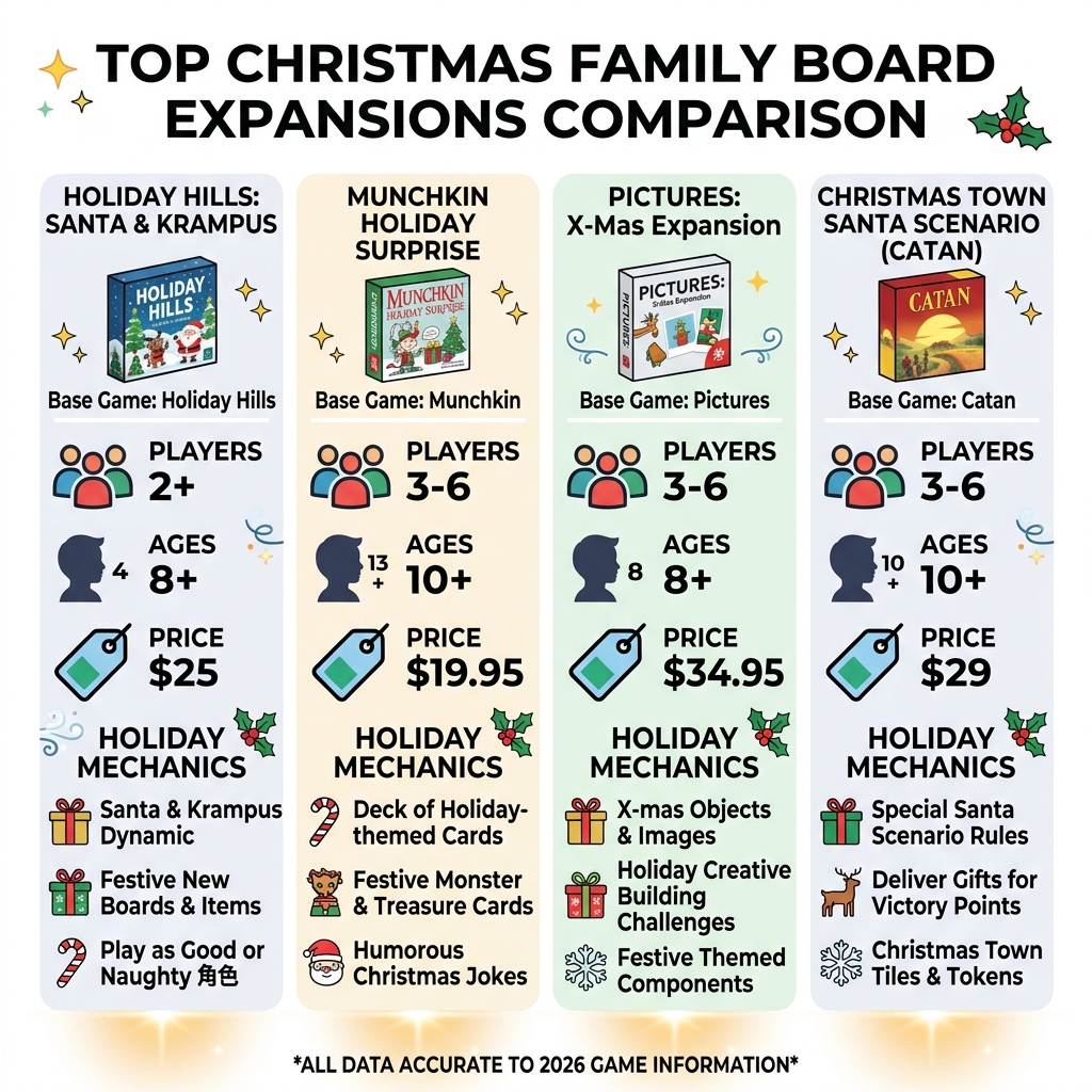 Infographic comparing top Christmas family board expansions by players, age, price, and holiday mechanics - Christmas family