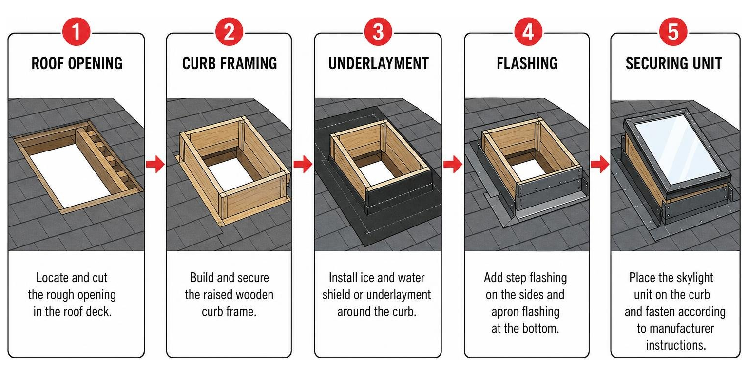 Skylight installation workflow: roof opening, curb framing, underlayment, flashing, securing unit Skylight installation workflow: roof opening, curb framing, underlayment, flashing, securing unit