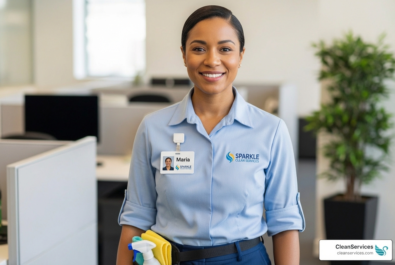 friendly, uniformed cleaning professional with an ID badge - premium home cleaning service