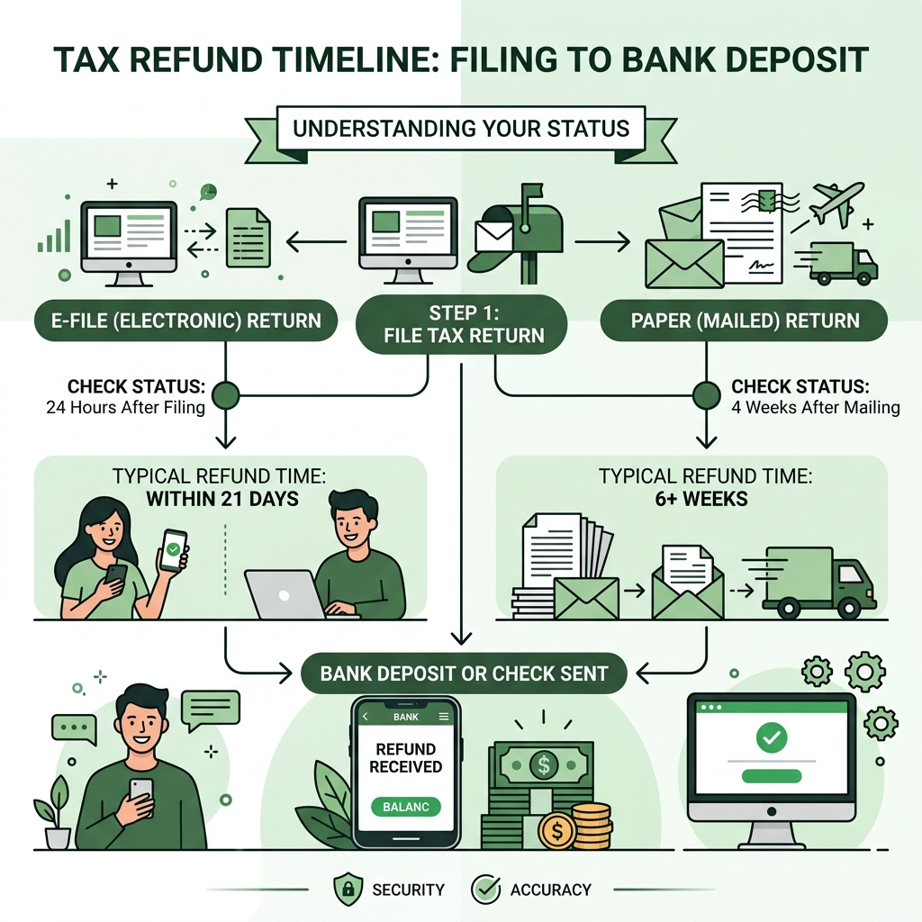 IRS refund timeline infographic from filing to bank deposit showing e-file and paper return paths - irs refund still IRS refund timeline infographic from filing to bank deposit showing e-file and paper return paths - irs refund still