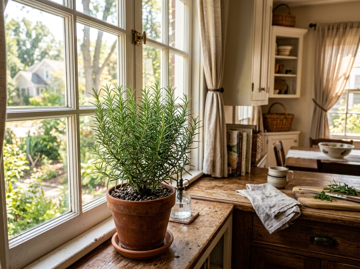 Potted rosemary sitting on a sunny indoor windowsill - bringing rosemary indoors for winter