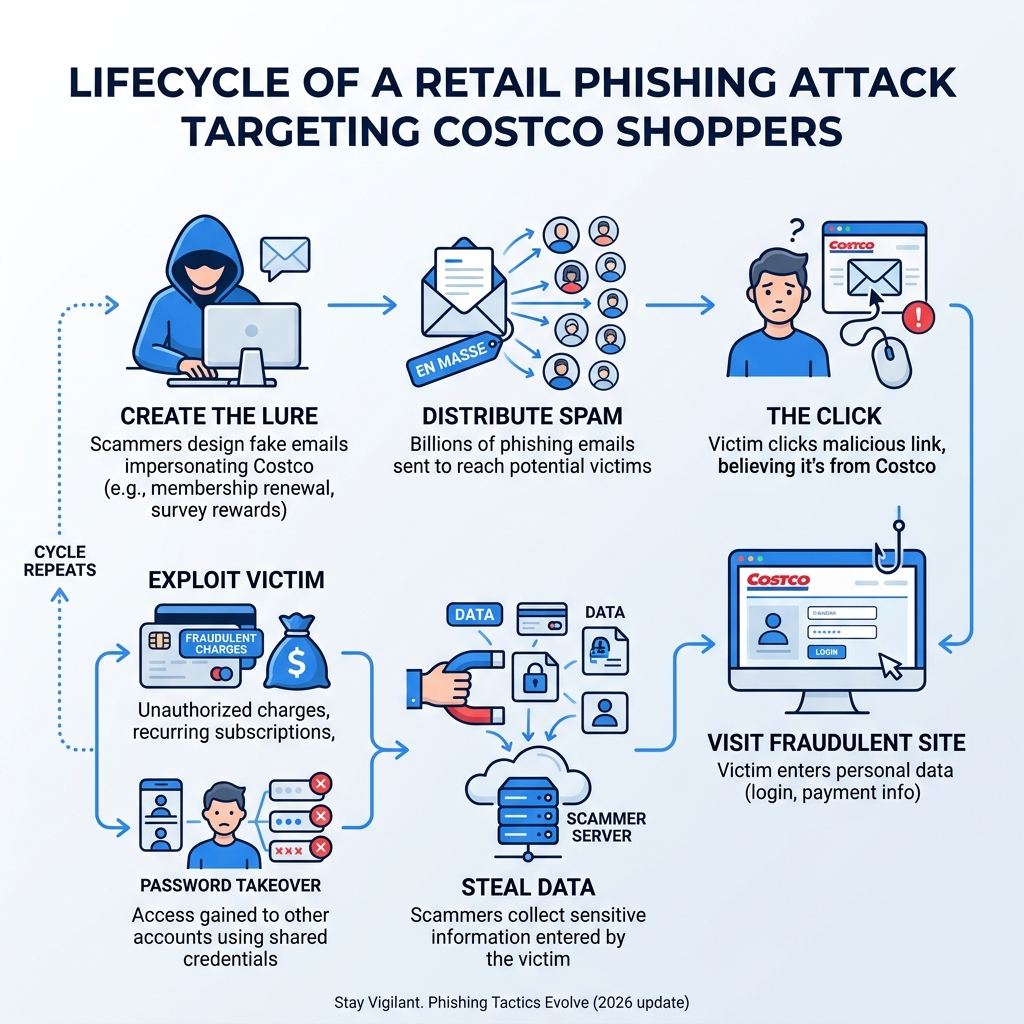 Lifecycle of a retail phishing attack targeting Costco shoppers step by step infographic - costco scam emails infographic Lifecycle of a retail phishing attack targeting Costco shoppers step by step infographic - costco scam emails infographic