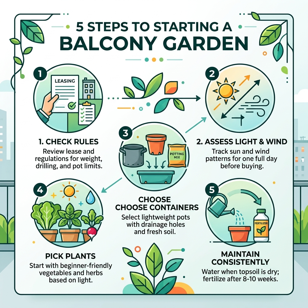 5 steps to starting a balcony garden: check rules, assess light and wind, choose containers, pick plants, maintain