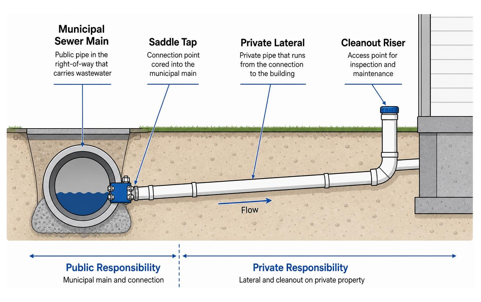 Diagram of municipal sewer main, saddle tap, private lateral, and cleanout riser Diagram of municipal sewer main, saddle tap, private lateral, and cleanout riser