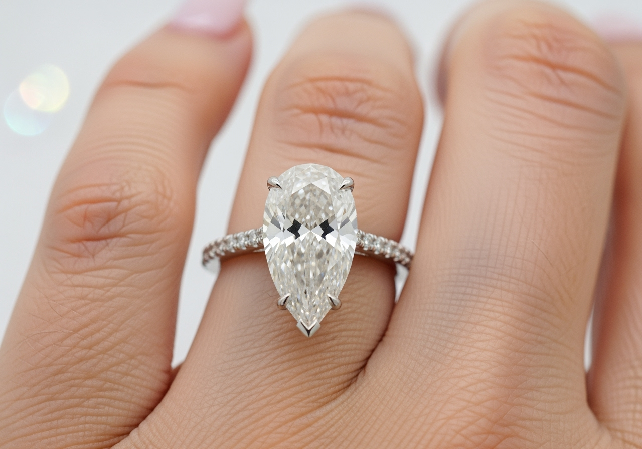 hand wearing a pear shaped diamond ring to show the elongating effect - pear shaped lab grown diamond