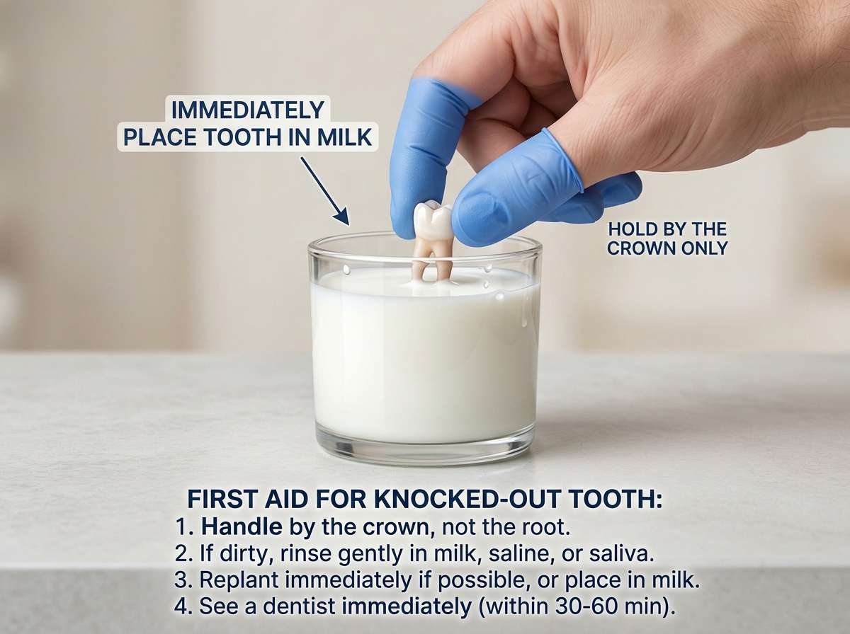 Graphic showing how to store a knocked-out tooth in a container of cold milk - Emergency dentist near me Graphic showing how to store a knocked-out tooth in a container of cold milk - Emergency dentist near me