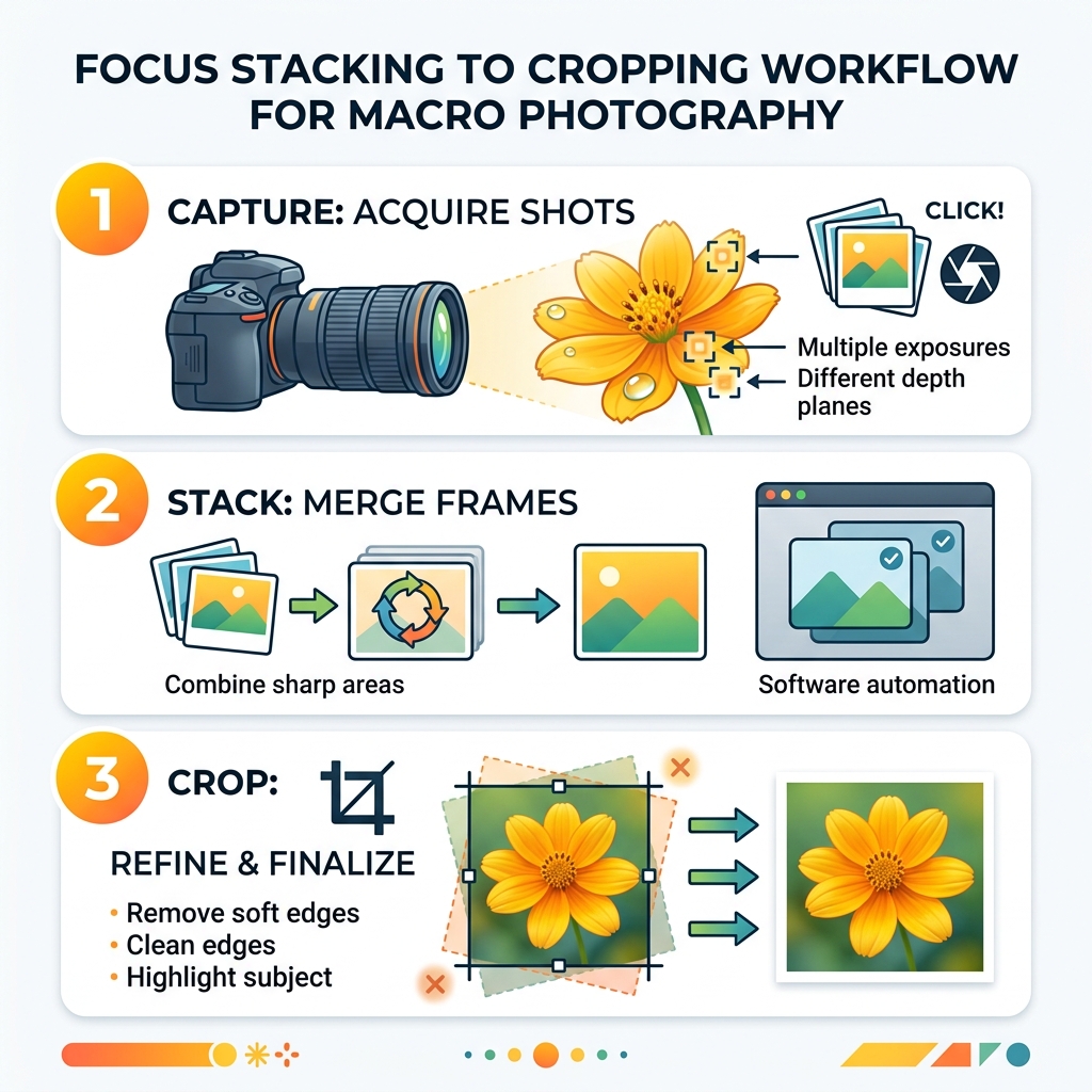 Focus stacking to cropping workflow for macro photography infographic - closeup focus stacking crop infographic Focus stacking to cropping workflow for macro photography infographic - closeup focus stacking crop infographic