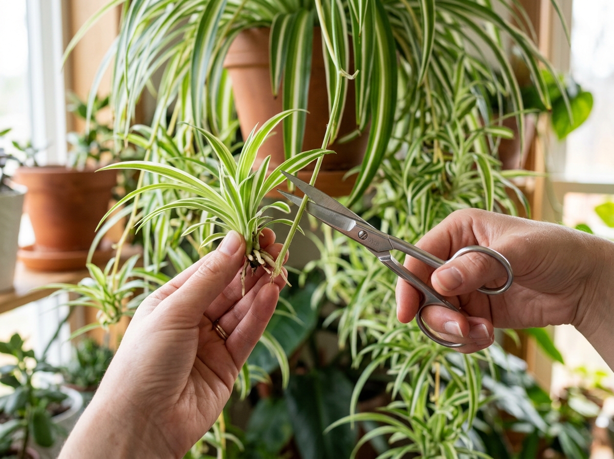 A healthy spiderette being snipped from the mother plant with clean scissors - root spider plant in water