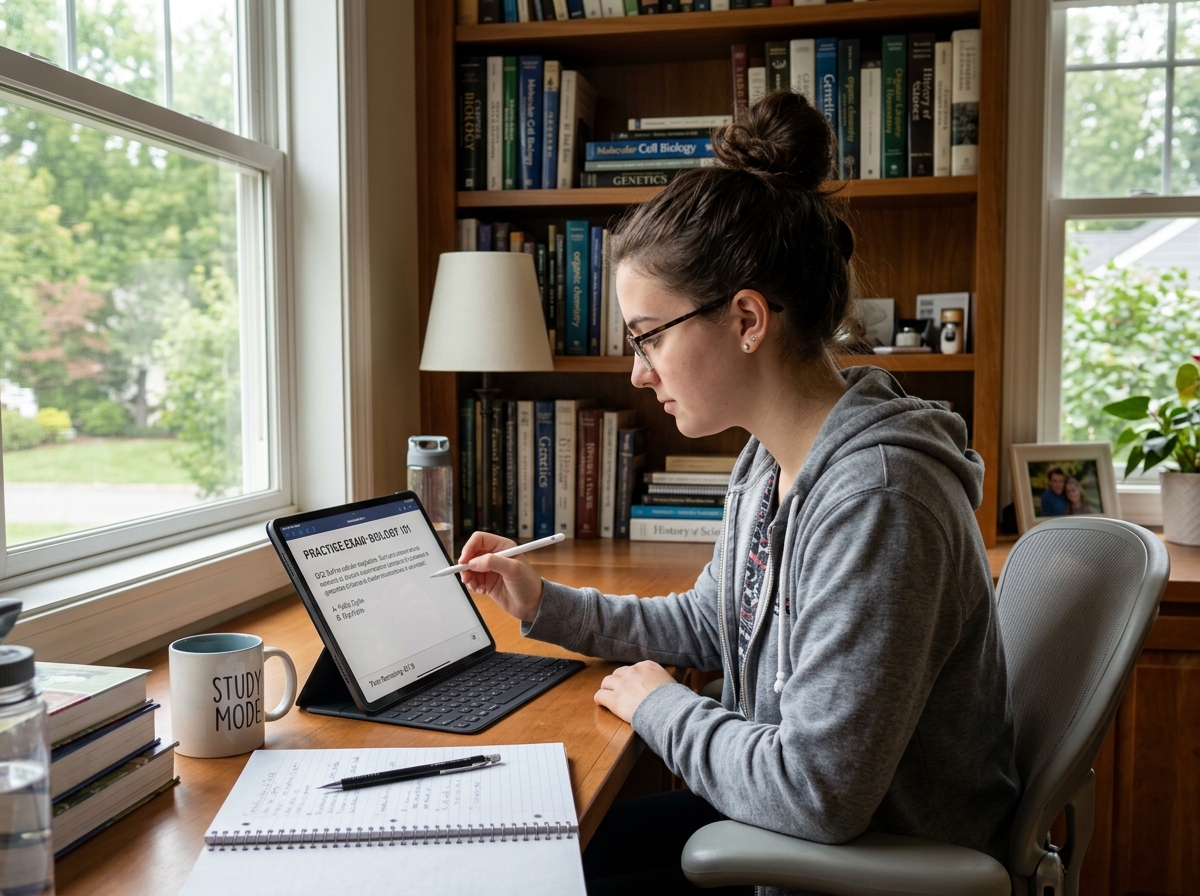 A student focused on a tablet taking a practice exam in a quiet study environment - practice itbs test free online