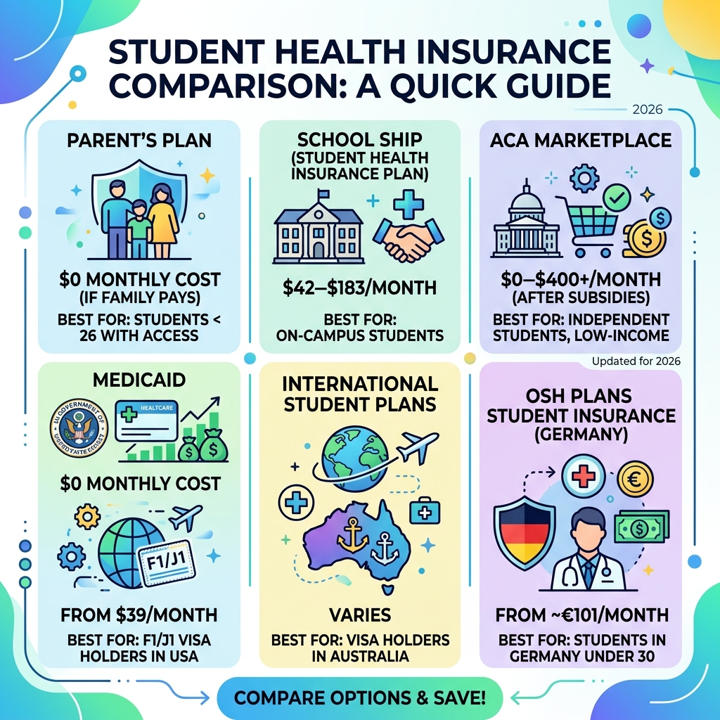 Infographic showing student health insurance options by type, cost range, and who they suit best - student health insurance Infographic showing student health insurance options by type, cost range, and who they suit best - student health insurance