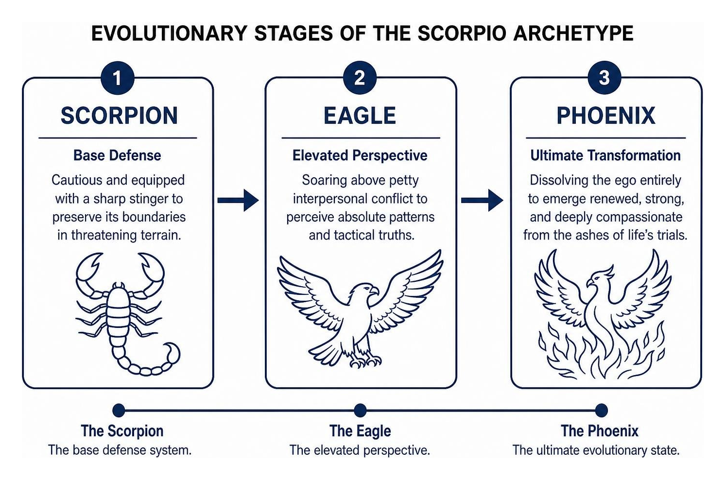Evolutionary stages of the Scorpio archetype from Scorpion to Eagle to Phoenix