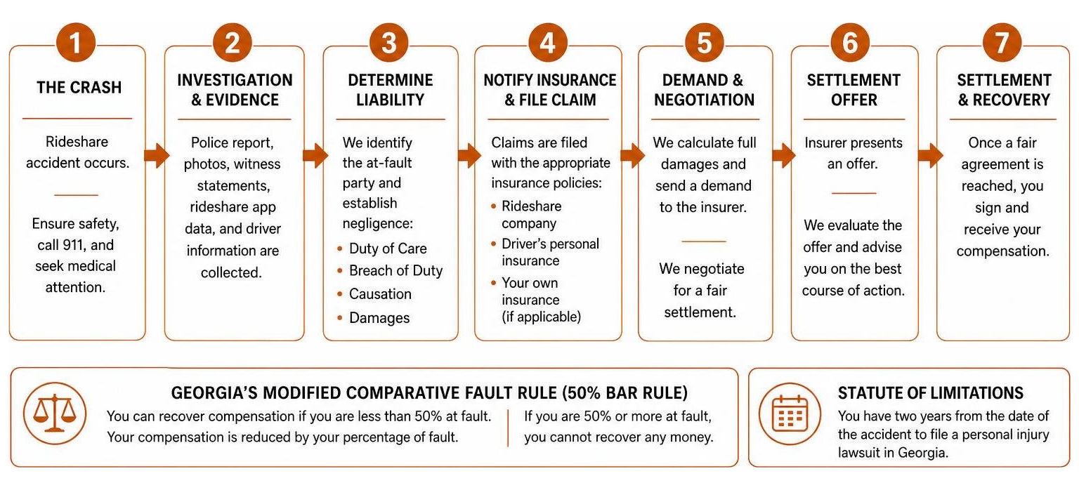 diagram showing the process of a Georgia rideshare accident claim from crash to settlement