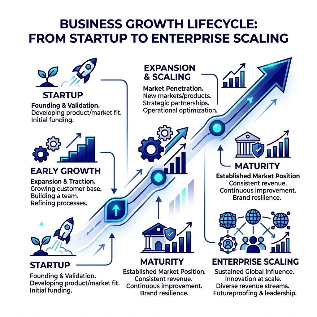 Business growth lifecycle from startup to enterprise scaling - business growth strategies infographic 