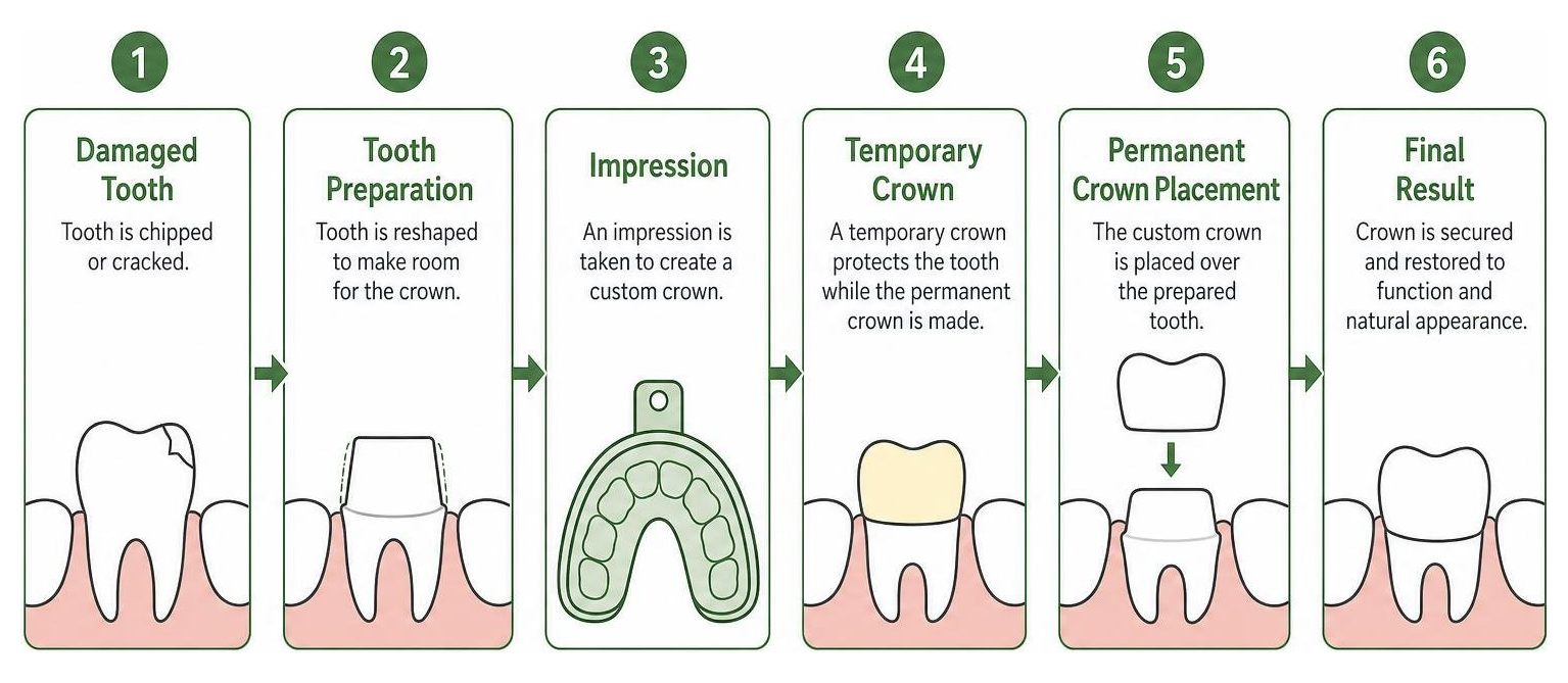 process of placing a dental crown over a damaged tooth