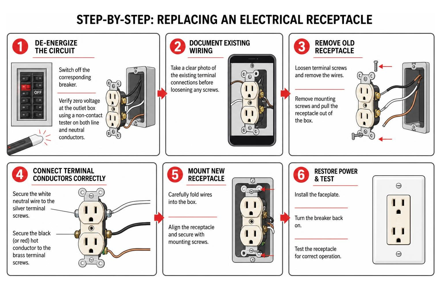 Step-by-step physical procedure for replacing an electrical receptacle