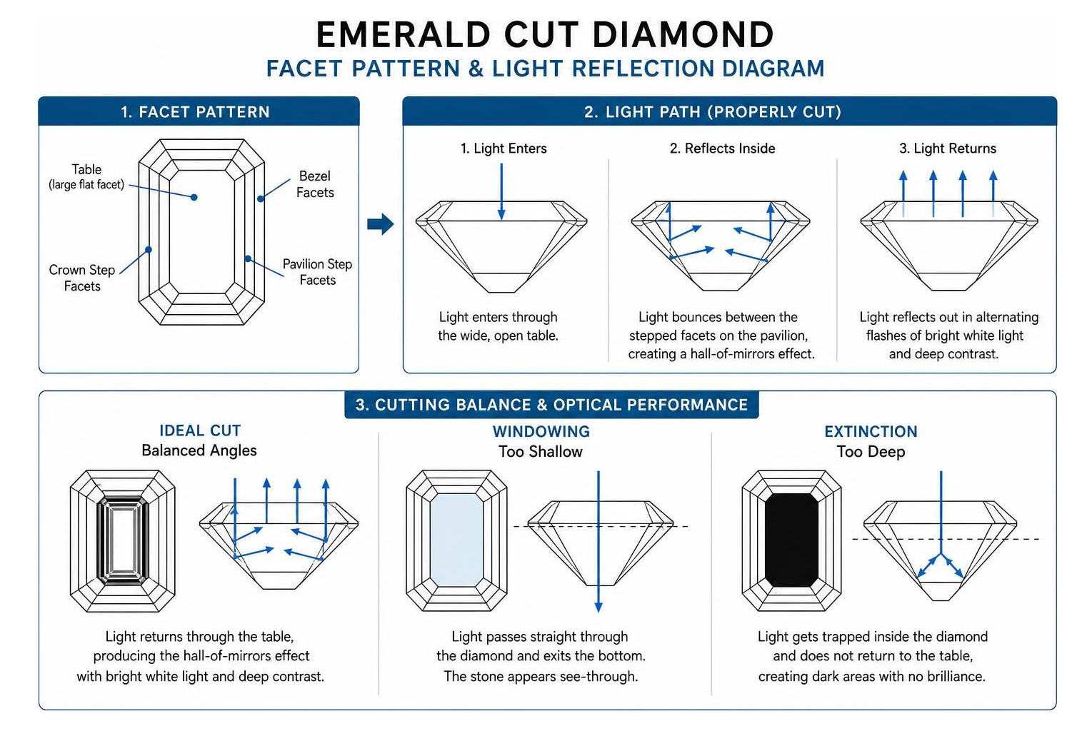 Emerald cut facet pattern and light reflection diagram