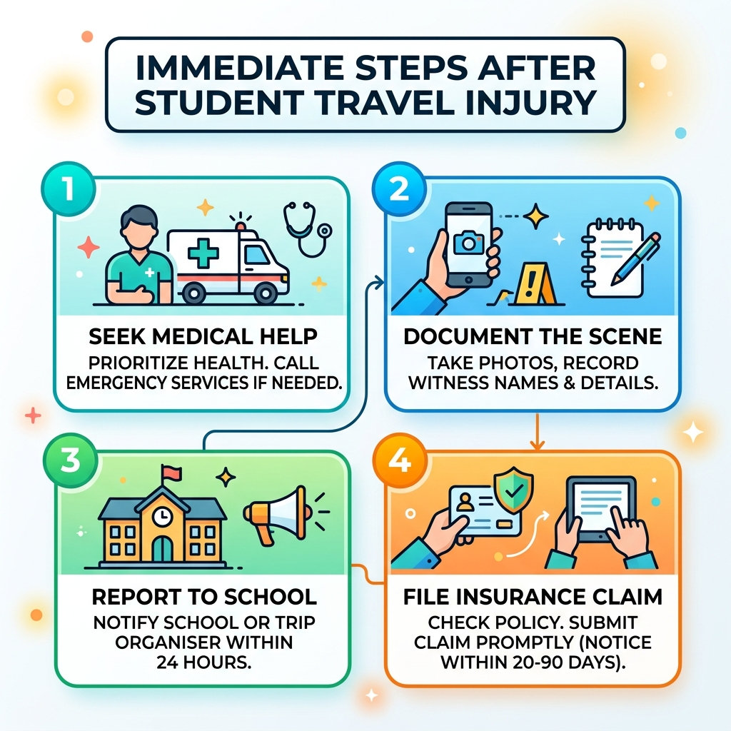 Immediate steps to take after a student travel injury: seek medical help, document scene, report to school, file insurance