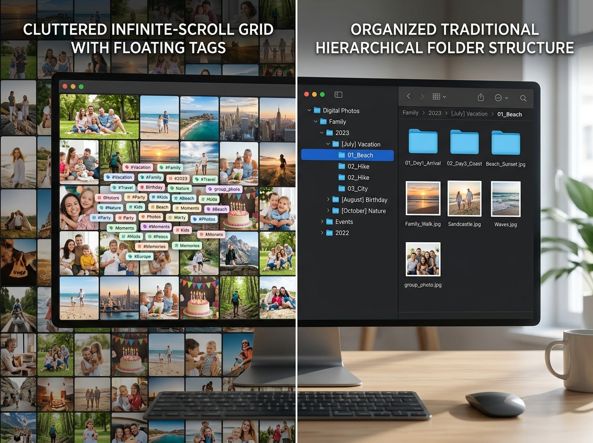 Comparison of tag-based libraries vs. traditional folder structures - app to organize google photos